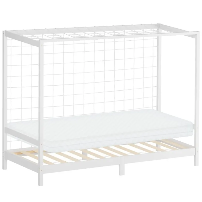 Kinderbett Fußballtor 90x200 cm Weiß aus Kiefernholz mit Matratze H-10cm Handballtor mit Lattenrost & Tornetz ML-Design-ECD Germany Hot