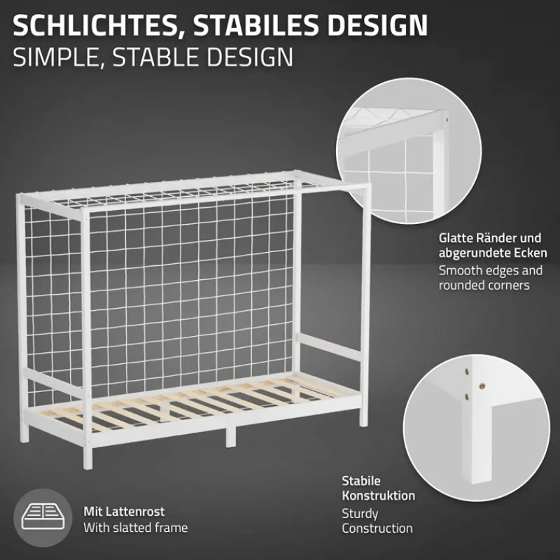 Kinderbett Fußballtor 90x200 cm Weiß aus Kiefernholz mit Matratze H-10cm Handballtor mit Lattenrost & Tornetz ML-Design-ECD Germany Hot