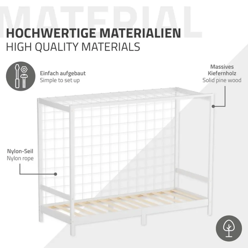 Kinderbett Fußballtor 90x200 cm Weiß aus Kiefernholz mit Matratze H-10cm Handballtor mit Lattenrost & Tornetz ML-Design-ECD Germany Hot