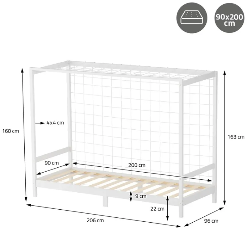 Kinderbett Fußballtor 90x200 cm Weiß aus Kiefernholz mit Matratze H-10cm Handballtor mit Lattenrost & Tornetz ML-Design-ECD Germany Hot