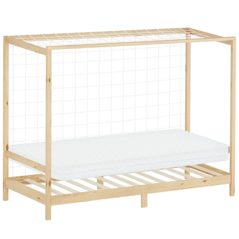 Kinderbett Fußballtor 90x200 cm Natur aus Kiefernholz mit Matratze H-10cm Handballtor mit Lattenrost & Tornetz ML-Design-ECD Germany Sale