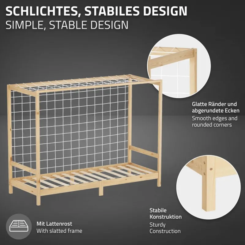 Kinderbett Fußballtor 90x200 cm Natur aus Kiefernholz mit Matratze H-10cm Handballtor mit Lattenrost & Tornetz ML-Design-ECD Germany Sale