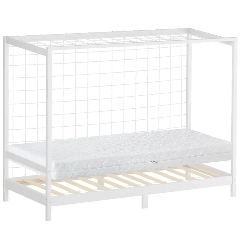 Kinderbett Fußballtor 90x200 cm Weiß aus Kiefernholz mit Matratze H-16cm Handballtor mit Lattenrost & Tornetz ML-Design-ECD Germany Best