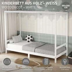 Kinderbett Fußballtor 90x200 cm Weiß aus Kiefernholz mit Matratze H-16cm Handballtor mit Lattenrost & Tornetz ML-Design-ECD Germany Best
