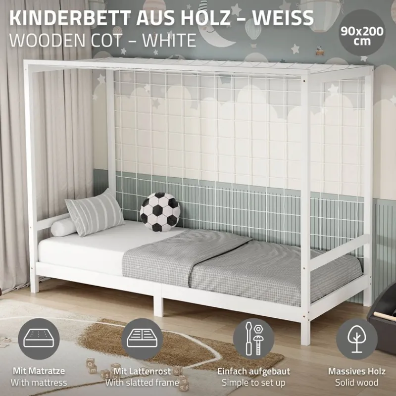 Kinderbett Fußballtor 90x200 cm Weiß aus Kiefernholz mit Matratze H-16cm Handballtor mit Lattenrost & Tornetz ML-Design-ECD Germany Best