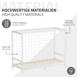 Kinderbett Fußballtor 90x200 cm Weiß aus Kiefernholz mit Matratze H-16cm Handballtor mit Lattenrost & Tornetz ML-Design-ECD Germany Best