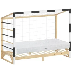 Kinderbett Fußballtor 90x200 cm aus Kiefernholz mit Matratze H:16cm Handballtor mit Lattenrost Kletterleiter & Tornetz ML-Design-ECD Germany Outlet