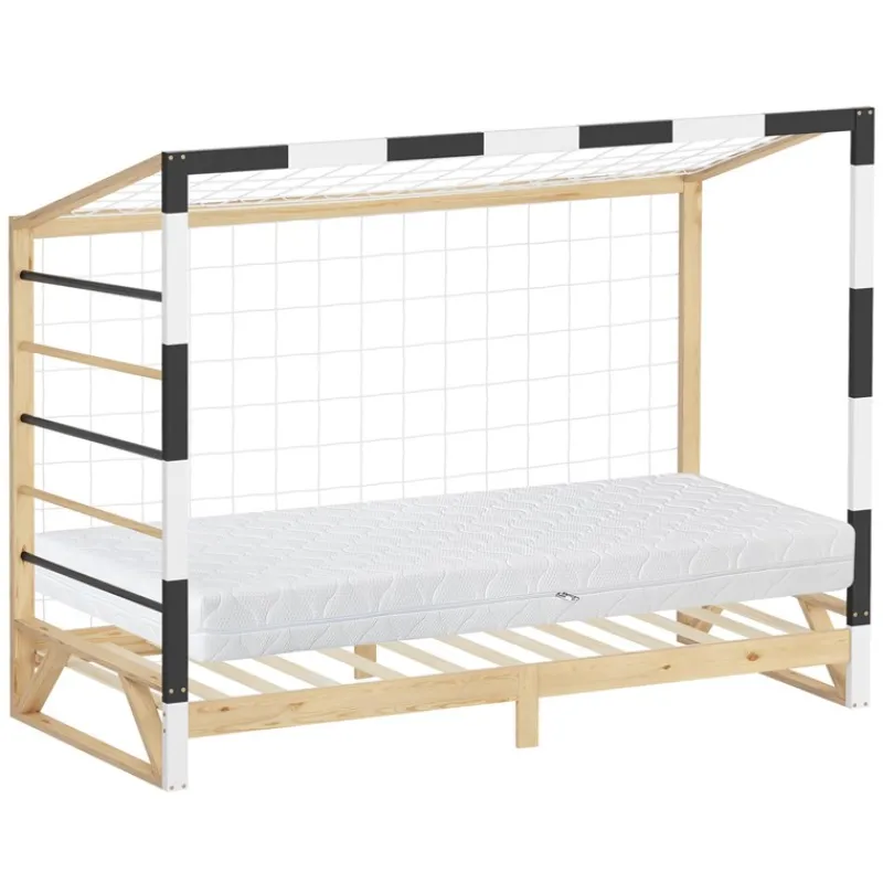 Kinderbett Fußballtor 90x200 cm aus Kiefernholz mit Matratze H:16cm Handballtor mit Lattenrost Kletterleiter & Tornetz ML-Design-ECD Germany Outlet