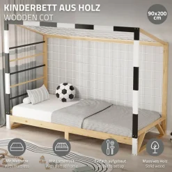 Kinderbett Fußballtor 90x200 cm aus Kiefernholz mit Matratze H:16cm Handballtor mit Lattenrost Kletterleiter & Tornetz ML-Design-ECD Germany Outlet