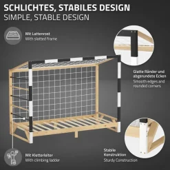 Kinderbett Fußballtor 90x200 cm aus Kiefernholz mit Matratze H:16cm Handballtor mit Lattenrost Kletterleiter & Tornetz ML-Design-ECD Germany Outlet