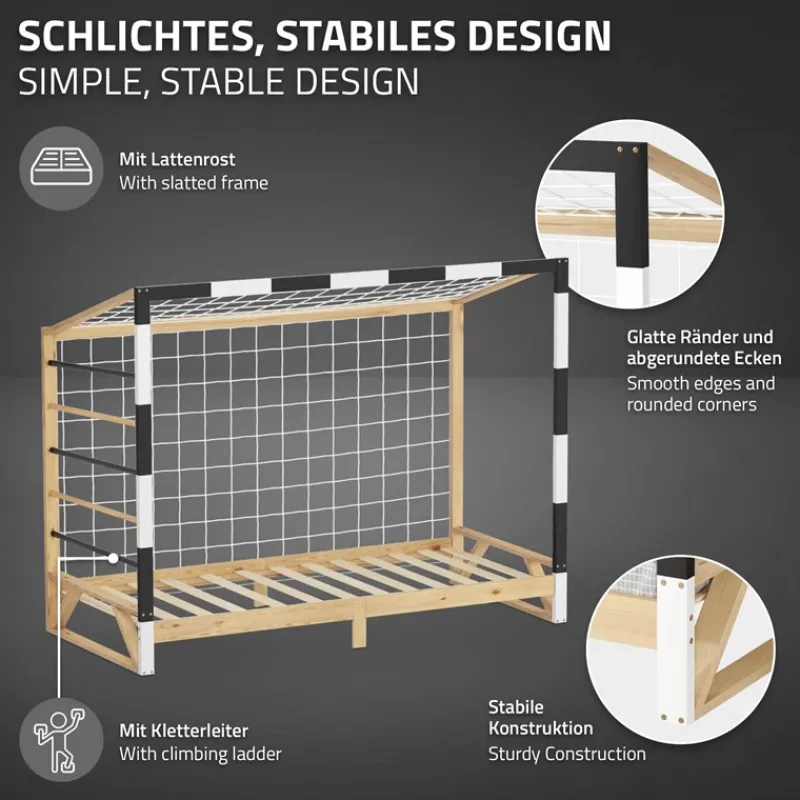 Kinderbett Fußballtor 90x200 cm aus Kiefernholz mit Matratze H:16cm Handballtor mit Lattenrost Kletterleiter & Tornetz ML-Design-ECD Germany Outlet