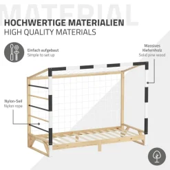 Kinderbett Fußballtor 90x200 cm aus Kiefernholz mit Matratze H:16cm Handballtor mit Lattenrost Kletterleiter & Tornetz ML-Design-ECD Germany Outlet