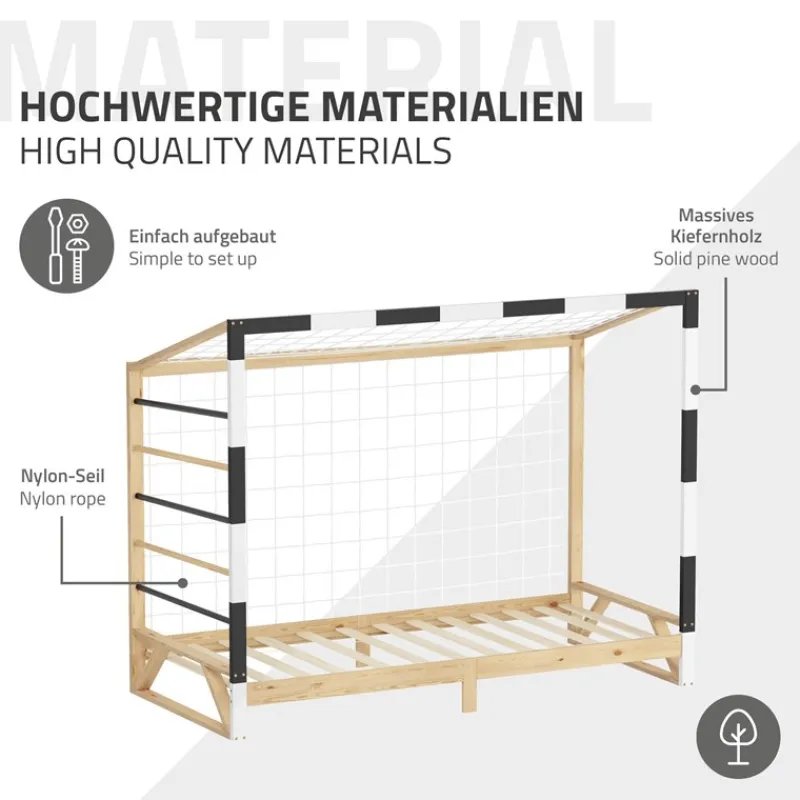 Kinderbett Fußballtor 90x200 cm aus Kiefernholz mit Matratze H:16cm Handballtor mit Lattenrost Kletterleiter & Tornetz ML-Design-ECD Germany Outlet