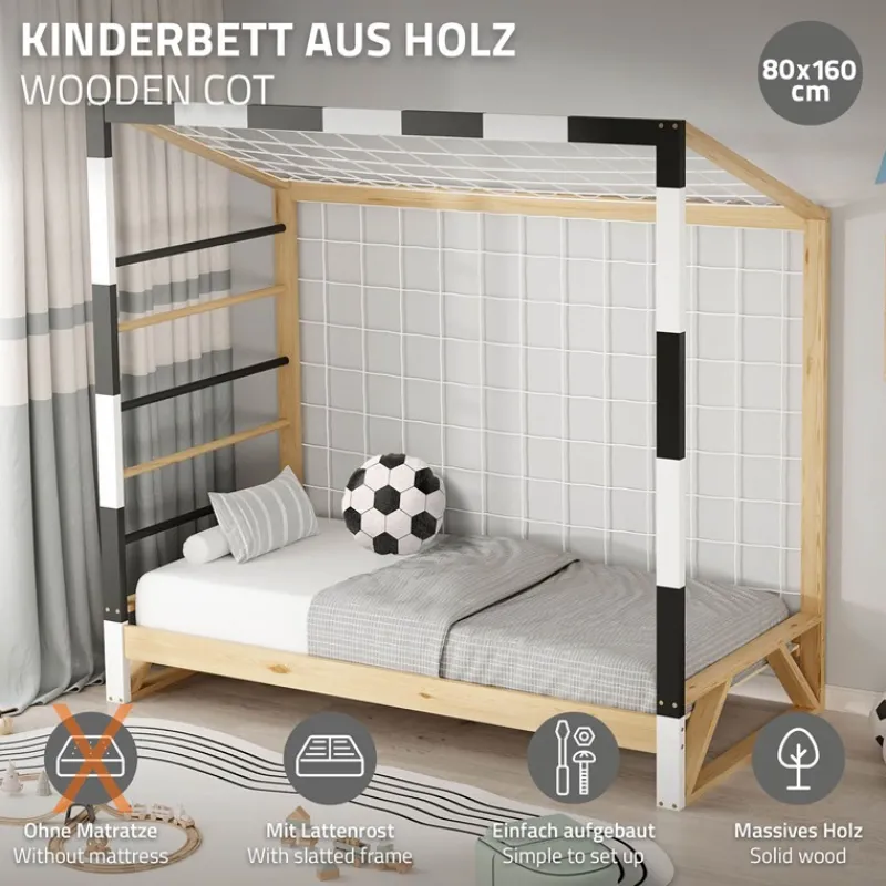Kinderbett Fußballtor 80x160 cm Holzbett mit Lattenrost Kletterleiter & Tornetz Handballtor aus Kiefernholz ML-Design-ECD Germany Best