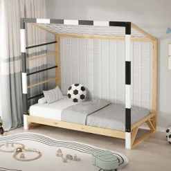 Kinderbett Fußballtor 80x160 cm Holzbett mit Lattenrost Kletterleiter & Tornetz Handballtor aus Kiefernholz ML-Design-ECD Germany Best