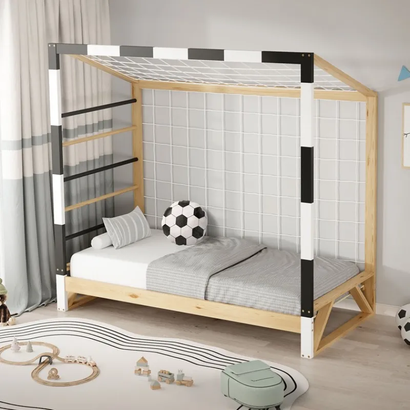 Kinderbett Fußballtor 80x160 cm Holzbett mit Lattenrost Kletterleiter & Tornetz Handballtor aus Kiefernholz ML-Design-ECD Germany Best