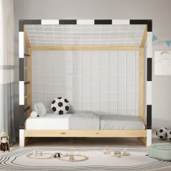 Kinderbett Fußballtor 80x160 cm Holzbett mit Lattenrost Kletterleiter & Tornetz Handballtor aus Kiefernholz ML-Design-ECD Germany Best