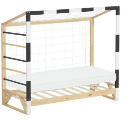 Kinderbett Fußballtor 80x160 cm aus Kiefernholz mit Matratze H:10cm Handballtor mit Lattenrost Kletterleiter & Tornetz ML-Design-ECD Germany Best