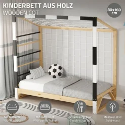 Kinderbett Fußballtor 80x160 cm aus Kiefernholz mit Matratze H:10cm Handballtor mit Lattenrost Kletterleiter & Tornetz ML-Design-ECD Germany Best