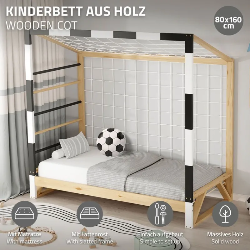 Kinderbett Fußballtor 80x160 cm aus Kiefernholz mit Matratze H:10cm Handballtor mit Lattenrost Kletterleiter & Tornetz ML-Design-ECD Germany Best