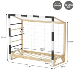 Kinderbett Fußballtor 80x160 cm aus Kiefernholz mit Matratze H:10cm Handballtor mit Lattenrost Kletterleiter & Tornetz ML-Design-ECD Germany Best