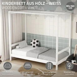 Kinderbett Fußballtor 80x160 cm Weiß aus Kiefernholz mit Matratze H-10cm Handballtor mit Lattenrost & Tornetz ML-Design-ECD Germany Online