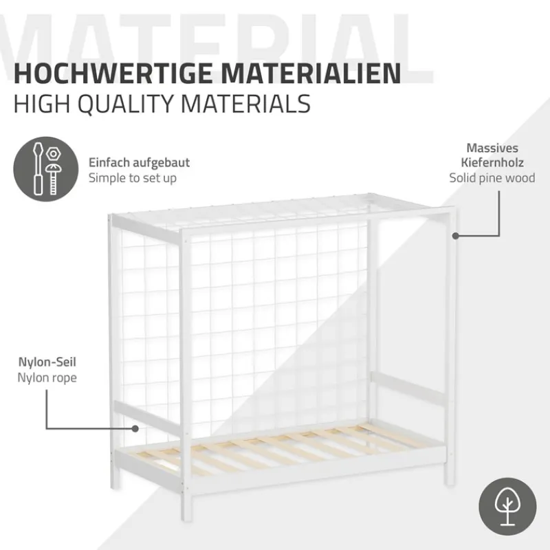 Kinderbett Fußballtor 80x160 cm Weiß aus Kiefernholz mit Matratze H-10cm Handballtor mit Lattenrost & Tornetz ML-Design-ECD Germany Online