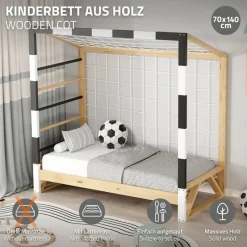 Kinderbett Fußballtor 70x140 cm Holzbett mit Lattenrost Kletterleiter & Tornetz Handballtor aus Kiefernholz ML-Design-ECD Germany Online