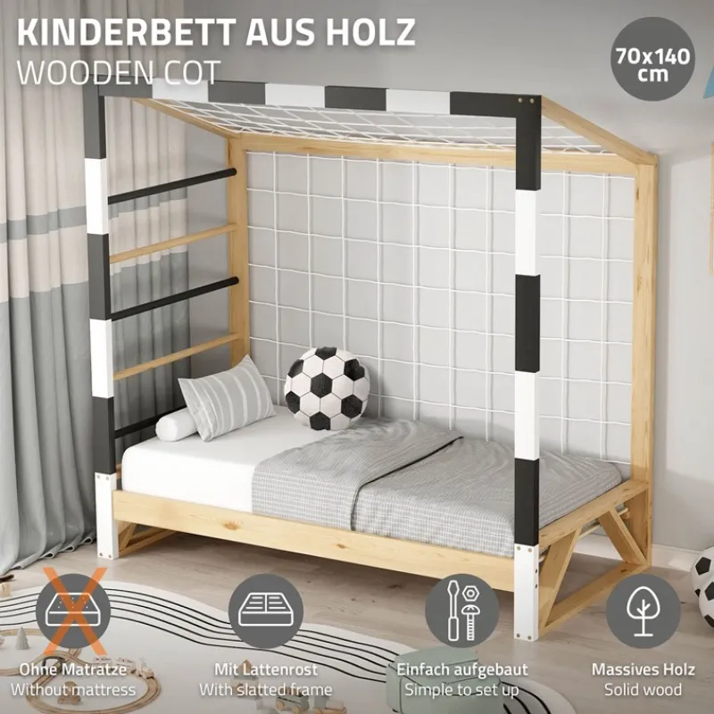 Kinderbett Fußballtor 70x140 cm Holzbett mit Lattenrost Kletterleiter & Tornetz Handballtor aus Kiefernholz ML-Design-ECD Germany Online