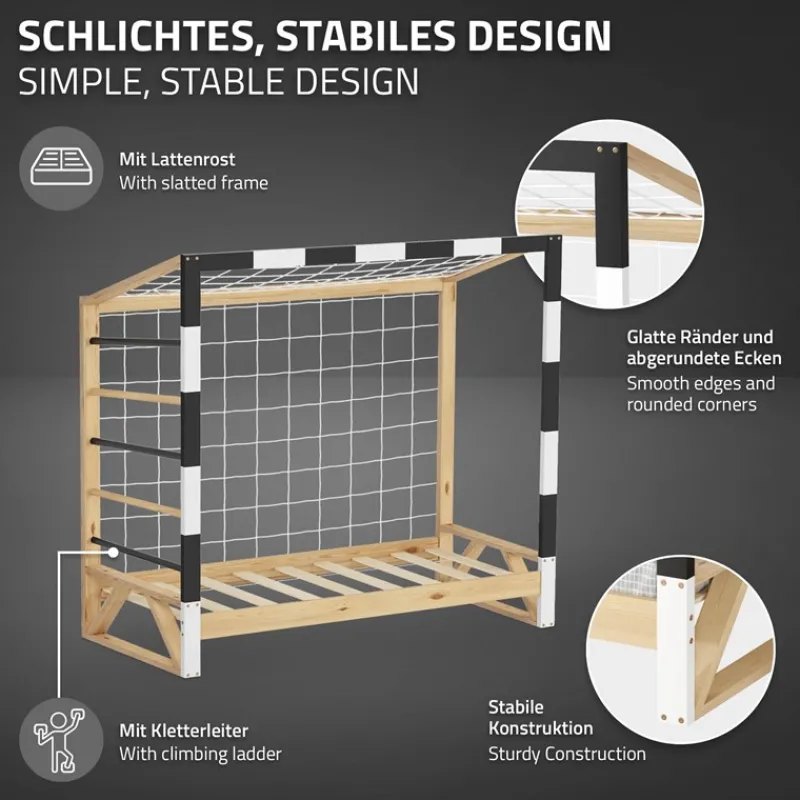 Kinderbett Fußballtor 70x140 cm Holzbett mit Lattenrost Kletterleiter & Tornetz Handballtor aus Kiefernholz ML-Design-ECD Germany Online