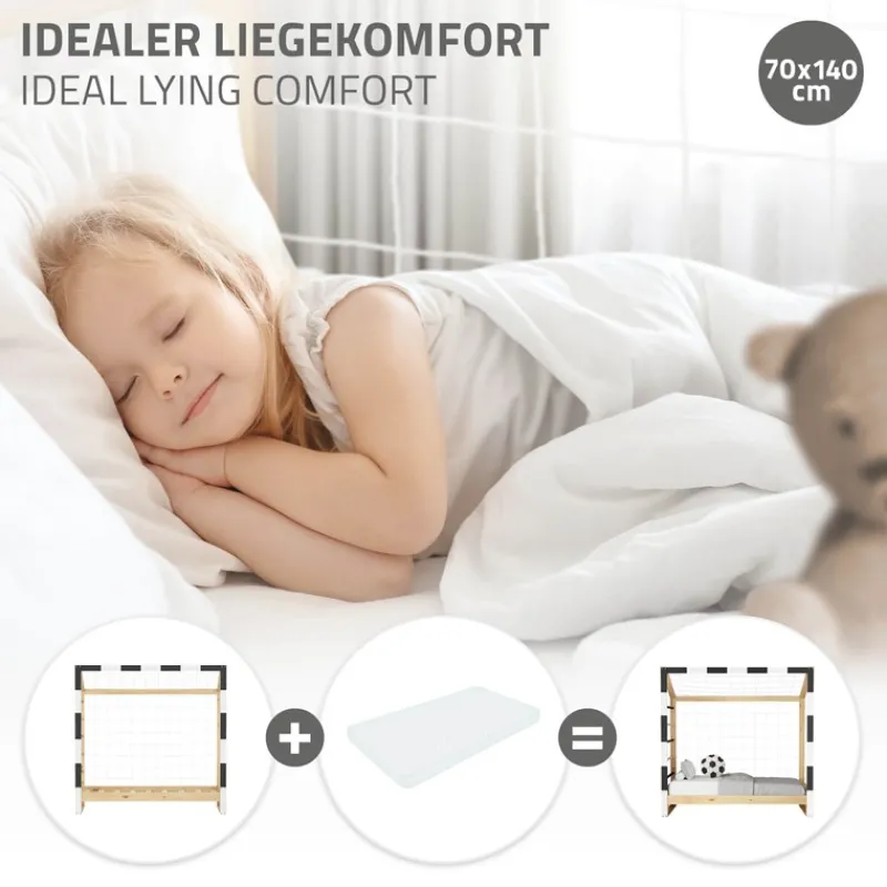 Kinderbett Fußballtor 70x140 cm Holzbett mit Lattenrost Kletterleiter & Tornetz Handballtor aus Kiefernholz ML-Design-ECD Germany Online