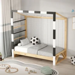 Kinderbett Fußballtor 70x140 cm Holzbett mit Lattenrost Kletterleiter & Tornetz Handballtor aus Kiefernholz ML-Design-ECD Germany Online