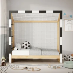 Kinderbett Fußballtor 70x140 cm Holzbett mit Lattenrost Kletterleiter & Tornetz Handballtor aus Kiefernholz ML-Design-ECD Germany Online