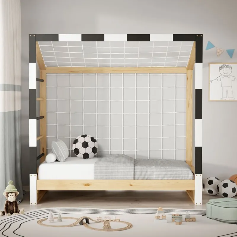 Kinderbett Fußballtor 70x140 cm Holzbett mit Lattenrost Kletterleiter & Tornetz Handballtor aus Kiefernholz ML-Design-ECD Germany Online