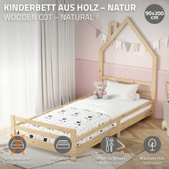 Kinderbett Haus 90x200 cm Natur Hausbett für Kinder Holzbett mit Lattenrost Schornstein Design ML-Design-ECD Germany Outlet