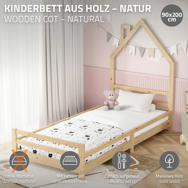 Kinderbett Haus 90x200 cm Natur Hausbett für Kinder Holzbett mit Lattenrost Schornstein Design ML-Design-ECD Germany Outlet