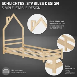 Kinderbett Haus 90x200 cm Natur Hausbett für Kinder Holzbett mit Lattenrost Schornstein Design ML-Design-ECD Germany Outlet