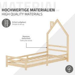 Kinderbett Haus 90x200 cm Natur Hausbett für Kinder Holzbett mit Lattenrost Schornstein Design ML-Design-ECD Germany Outlet