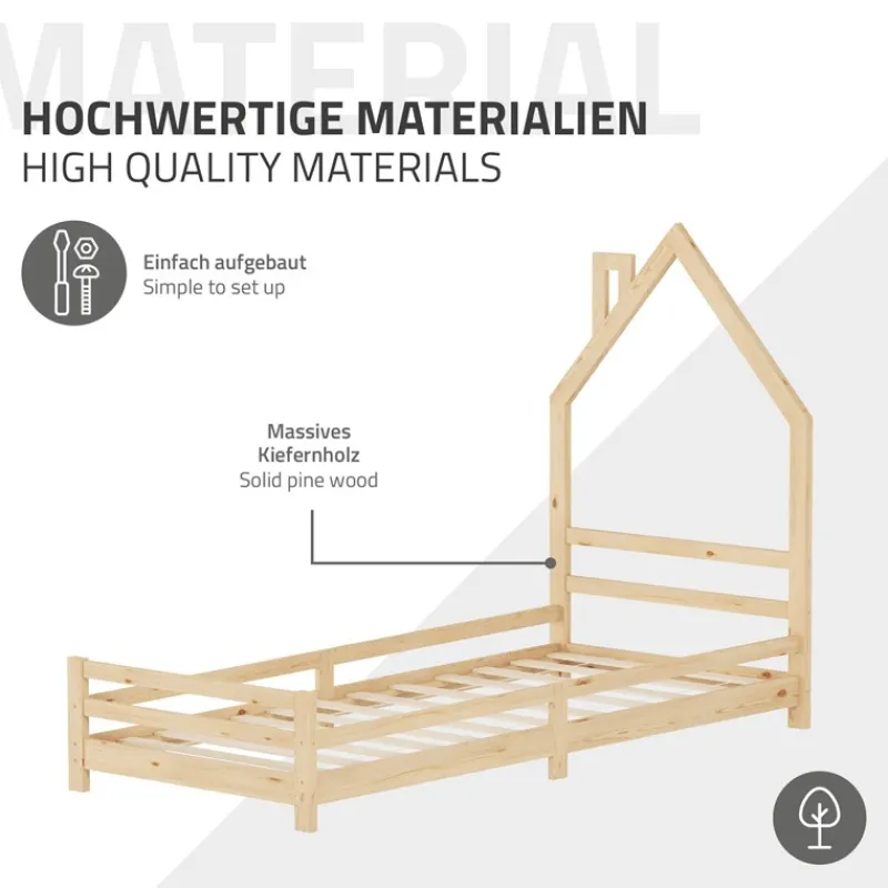 Kinderbett Haus 90x200 cm Natur Hausbett für Kinder Holzbett mit Lattenrost Schornstein Design ML-Design-ECD Germany Outlet