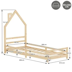 Kinderbett Haus 90x200 cm Natur Hausbett für Kinder Holzbett mit Lattenrost Schornstein Design ML-Design-ECD Germany Outlet