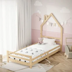Kinderbett Haus 90x200 cm Natur Hausbett für Kinder Holzbett mit Lattenrost Schornstein Design ML-Design-ECD Germany Outlet