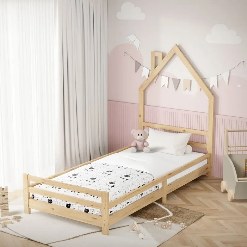 Kinderbett Haus 90x200 cm Natur Hausbett für Kinder Holzbett mit Lattenrost Schornstein Design ML-Design-ECD Germany Outlet