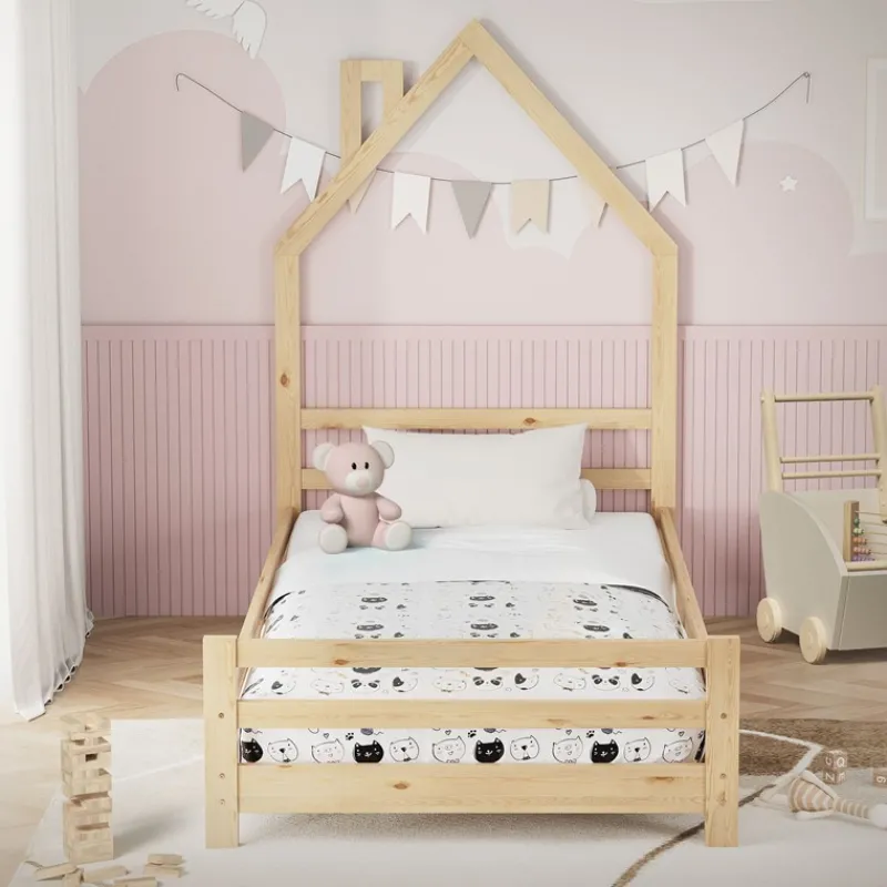 Kinderbett Haus 90x200 cm Natur Hausbett für Kinder Holzbett mit Lattenrost Schornstein Design ML-Design-ECD Germany Outlet