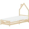 Kinderbett Haus 90x200 cm Natur mit Matratze H:10cm Holzbett für Kinder mit Lattenrost Schornstein Design ML-Design-ECD Germany Discount