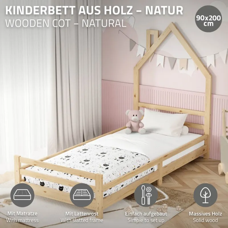Kinderbett Haus 90x200 cm Natur mit Matratze H:10cm Holzbett für Kinder mit Lattenrost Schornstein Design ML-Design-ECD Germany Discount