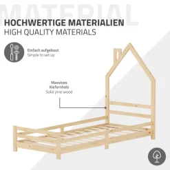 Kinderbett Haus 90x200 cm Natur mit Matratze H:10cm Holzbett für Kinder mit Lattenrost Schornstein Design ML-Design-ECD Germany Discount