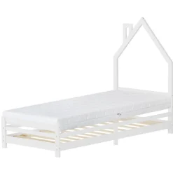 Kinderbett Haus 90x200 cm Weiß mit Matratze H:16cm Holzbett für Kinder mit Lattenrost Schornstein Design ML-Design-ECD Germany Outlet