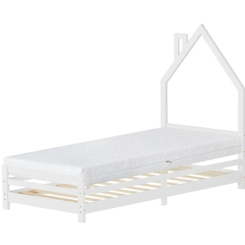 Kinderbett Haus 90x200 cm Weiß mit Matratze H:16cm Holzbett für Kinder mit Lattenrost Schornstein Design ML-Design-ECD Germany Outlet