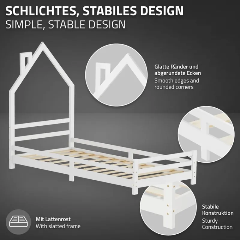 Kinderbett Haus 90x200 cm Weiß mit Matratze H:16cm Holzbett für Kinder mit Lattenrost Schornstein Design ML-Design-ECD Germany Outlet