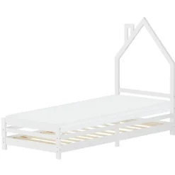 Kinderbett Haus 90x200 cm Weiß mit Matratze H:10cm Holzbett für Kinder mit Lattenrost Schornstein Design ML-Design-ECD Germany Outlet